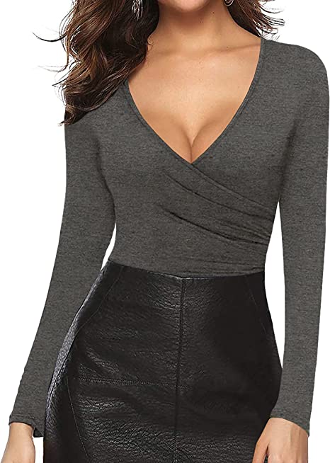 MANGOPOP Women's Cross Wrap Ruched Plunge Sexy Deep V Neck Long Sleeve T Shirt Tunic Tops Tee