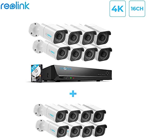 Reolink 4K PoE Security Camera System Bundle, 16pcs 8MP IP Camera, a 16CH 8MP NVR Pre-Installed with 3TB HDD(Include 8x18M Cat5 Cable)