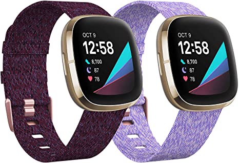 KIMILAR 2 Pack Bands Compatible with Fitbit Versa 3 / Fitbit Sense Bands, Small Large Soft Woven Fabric Breathable Accessories Strap Replacement Wristband Women Men for Versa 3 / Sense Smart Watch