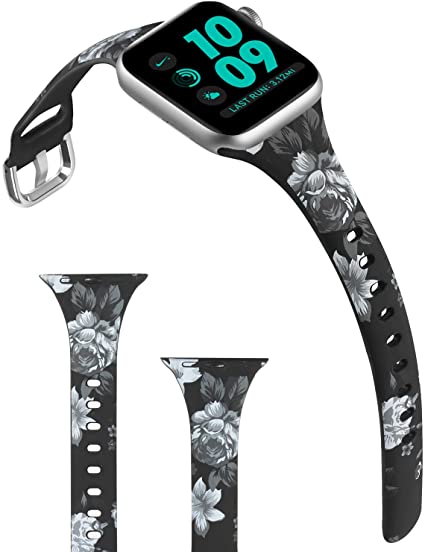 ACBEE Compatible with Apple Watch Band 38mm 40mm 42mm 44mm for Women Small Large, Slim Narrow Floral Bands for Apple Watch Series 5/Series 4/Series 3/Series 2/Series 1 (Gray Flowers, 38mm/40mm)