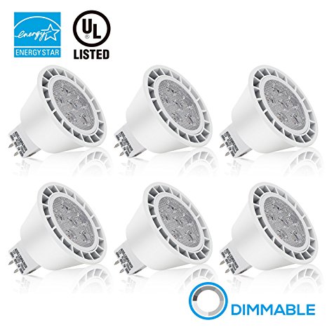 Dimmable MR16 GU5.3 LED Light Bulb, 7W (50W Equivalent), ENERGY STAR, 490lm, 3000K Warm White, 40° Beam Angle, Damp Location Available, 12V, 3 YEARS WARRANTY, Pack of 6