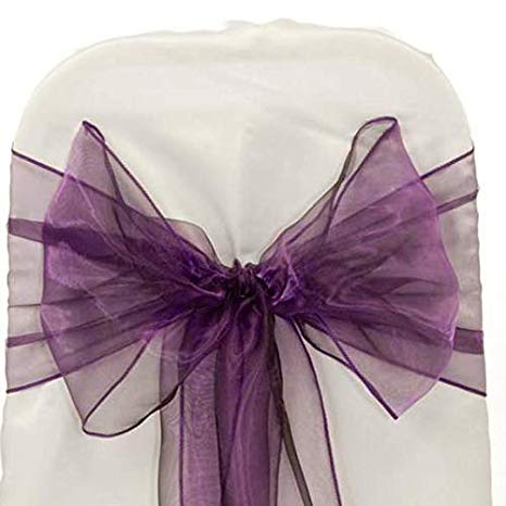 mds Pack of 100 Organza Chair Sashes Bow Sash for Wedding and Events Supplies Party Decoration Chair Cover sash -Dark Purple