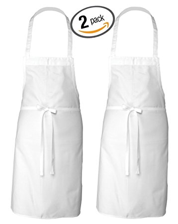 Adult Men’s Women’s Unisex Chefs Adjustable Extra Long Ties, professional Commercial Grade Bib Apron - White - 2PK