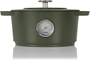 Combekk RAILWAY Recycled Enameled Cast Iron 6.3 Quart Dutch Oven w/ Thermometer, Green, 11"