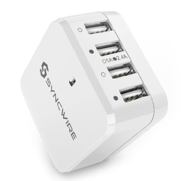 USB Charger Plug Syncwire 4-Port Wall Charger with UK EU US International Travel Adaptor Interchangeable - Lifetime Guarantee Series - 68A34W for Apple iPhone iPad Samsung Galaxy Smartphone Tablet Power Bank - White UL Certification