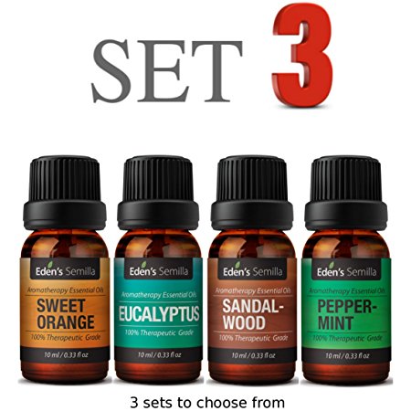 Premium Essential Oils Collection - Therapeutic Grade for Aromatherapy, Massage, Diffusers   More. Choose From 12 x Most Popular 10ml Bottles. Set 3 - Sweet Orange, Eucalyptus, Sandalwood and Peppermint. 3 x SETS to Choose From