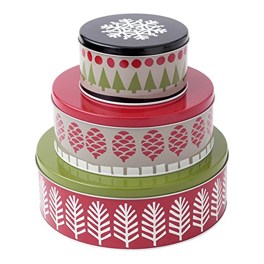 Hallmark Home Holiday Round Nesting Tins (Set of 3), Red, Green, and Black Patterned Trees