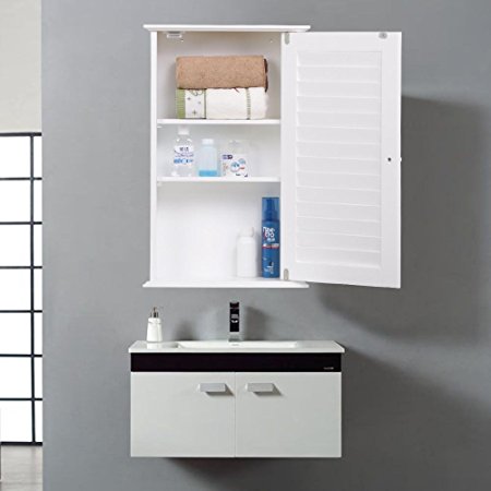 Yaheetech White Wood Bathroom Wall Mount Cabinet Toilet Medicine Storage Organizer Single Door with Adjustable Shelves