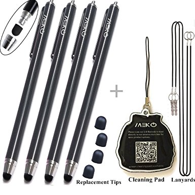 MEKO(TM) 4 Pcs [0.22-inch Rubber Tip Series] 5.5"L Thin-Tip Stylus Bundle With 4 Extra Rubber Tips and 2 Lanyards (Black)