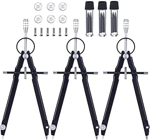 3 Pieces Math Compass Metal Geometry Compass for Math, Drafting, Drawing Student Compass with Spare Leads and Screws (Black)