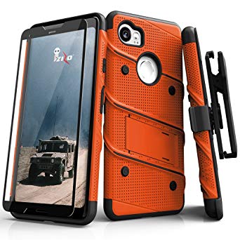 Zizo Bolt Series Google Pixel 2 XL Case - Tempered Glass Screen Protector with Holster and 12ft Military Grade Drop Tested (Orange & Black)