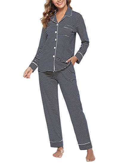 Aibrou Womens Button Down Long Sleeve Pajama Set Cotton Sleepwear Pjs Lounge Set