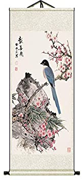 MEGREZ Traditional Chinese Silk Scroll Painting Wall Scroll Watercolour Flowers Birds Decorative Paintings Home Décor for Living Room Bedroom Office, 140 x 45 cm (55.11 x 17.71 inch) - Pattern L