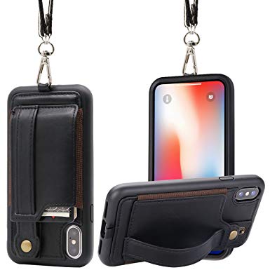 TOOVREN iPhone X Necklace Case Wallet Lanyard Strap, iPhone X/10 TPU Protective Case Cover with Kickstand PU Card Holder Adjustable Detachable iPhone Lanyard for Anti-Theft and Other Activities Black