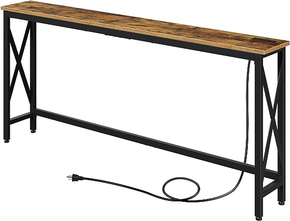 Rolanstar Console Table with Power Outlet, Narrow Sofa Table, 70.8" x 7.9" Farmhouse Table Behind Sofa Couch Hallway Entrance for Living Room, Entryway, Foyer, with Metal Frame, Rustic Brown