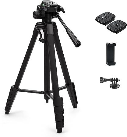 Phinistec 172cm Aluminium Dreibein Stativ Kamera für Handy, iPhone, DSLR, Beamer, Webcam, Gopro mit Smartphone Halterung und Gopro Adapter mit Tragetasche (Schwarz)