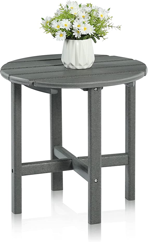 LAZZO Outdoor HDPE Plastic Adirondack Round Side Table, All Weather End Table, Indoor & Outdoor Bistro Accent Tea Tables for Patio Deck Garden, Backyard, Pool, Lawn,Porch (Grey)