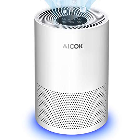 Aicok Air Purifier, Air Cleaner with Night Light, Odor Eliminator with HEPA Filter for 99.97% purification performance, ideal for Allergies, Pets Dander, Smokers (130 m³ / h, 4-stroke fixed setting, CADR-75 CFM), White