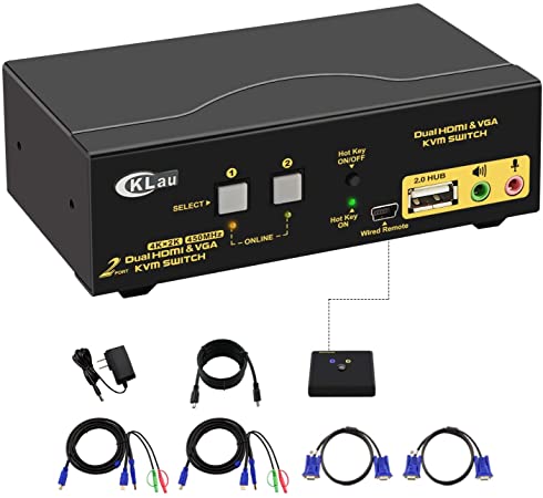 CKLau 2 Port HDMI   VGA Dual Monitor KVM Switch with Audio, Microphone, USB 2.0 Hub and Cables Support 4Kx2K@30Hz