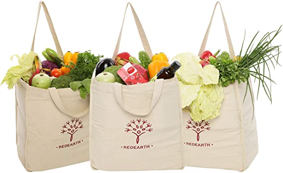 REDEARTH Reusable Canvas Grocery Shopping Bag -Pre Shrunk 100% Natural Cotton Eco Friendly Extra Large Foldable Tote With Handles and Bottle Sleeve Compartment (15x13x8"; Natural) Set of 3