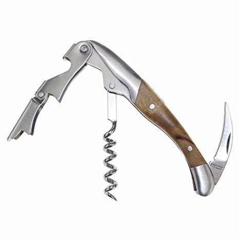 Dealight Stainless Steel Wood Handle All-in-one Bottle Opener, Corkscrew and Foil Cutter with Box