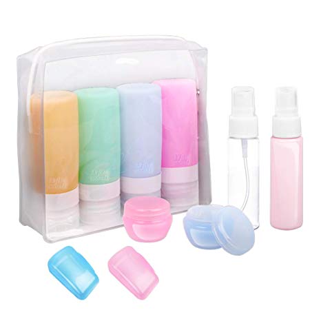 Travel Bottles, TSA Approved Silicone Travel Size Containers Leak Proof Toiletries Travel Accessories Refillable Cosmetic Containers Set with Toiletry Bag for Shampoo Lotion Conditioner 10 Pack