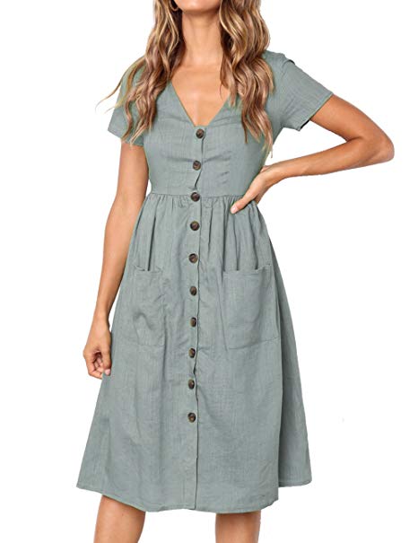 MEROKEETY Women's Summer Short Sleeve V Neck Button Down Swing Midi Dress with Pockets