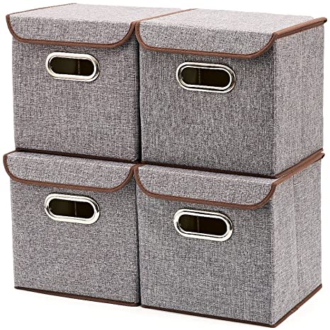 Storage Bins [4-Pack] EZOWare Linen Fabric Foldable Basket Cubes Organizer Boxes Containers Drawers with Lid for Office Nursery Bedroom Shelf (Gray)