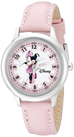 Disney Kids' W000038 Minnie Mouse Time Teacher Stainless Steel Watch with Pink Leather Band