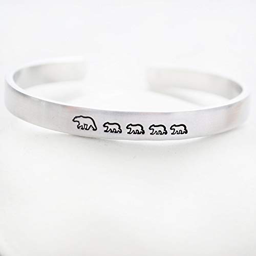 Mama Bear Bracelet with 4 Cubs Hand Stamped Jewelry Silver Cuff for Women Mom Life of Multiples Kids