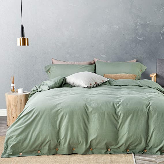 JELLYMONI Green 100% Washed Cotton Duvet Cover Set, 3 Pieces Luxury Soft Bedding Set with Buttons Closure. Solid Color Pattern Duvet Cover King Size(No Comforter)