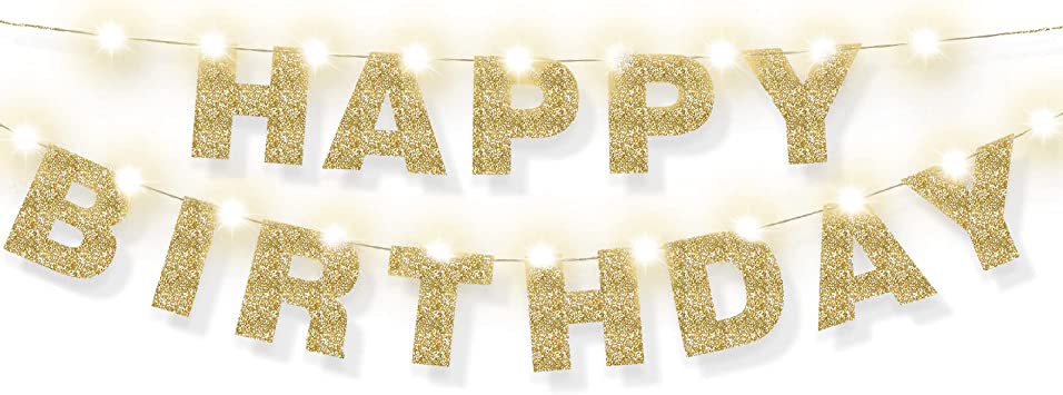 Happy Birthday Letters Banner Gold Happy Birthday Garland Decoration and 9.8 Feet Copper Wire Lights Birthday Banner Lights String for Birthday Party Decor Home Office Decor