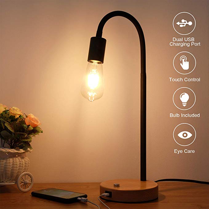 Kohree Touch Control Industrial Table Lamp,Bedside Vintage Desk Lamp with USB Charging Port, Fully Dimmable Flexible Gooseneck Nightstand Lamp for Bedroom, Office, 2700K E26 LED Edison Bulb Included