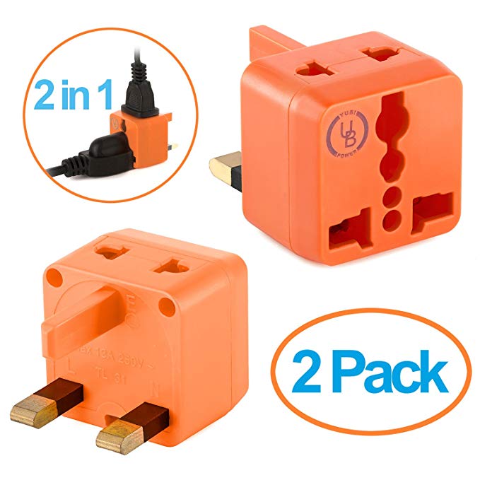 USA to UK Plug Adapter by Yubi Power 2 in 1 Universal Travel Adapter with 2 Universal Outlets - Orange 2 Pack - Type G for United Kingdom, England, Hong Kong, Ireland, Scotland, and more