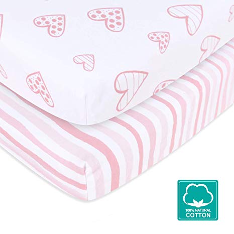 Pack n Play Playard Mattress Sheets 2 Pack, 100% Jersey Knit Egyptian Cotton Stretchy Portable Mini Crib Sheets or Playpen Sheets, Ultra Soft Breathable Pack n Play Mattress Cover for Baby