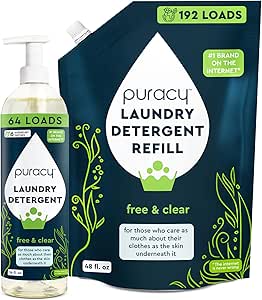 Puracy Liquid Enzyme Laundry Detergent Refill-1,4 Dioxane Free, Natural, Gentle Laundry Detergent Liquid Concentrate Laundry Pouch with Stain Fighting Enzymes, Free and Clear, 16 fl oz & 48 fl oz