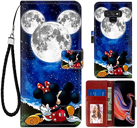 DISNEY COLLECTION Wallet Case for Samsung Note 9 Mickey and Minnie are Dating Pattern Magnetic Closure with Kickstand Folio Flip Cover with Card Holder and Wrist Strap Protective Cover