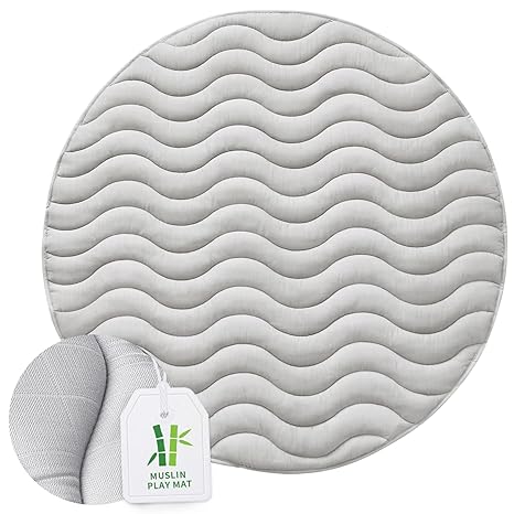 Baby Play Mat Round 47inch, Muslin Baby Padded Floor Mat, Anti Slip Kids Tents Mat, Tummy Time Activity Mat with Intricate Wave Quilting, Grey