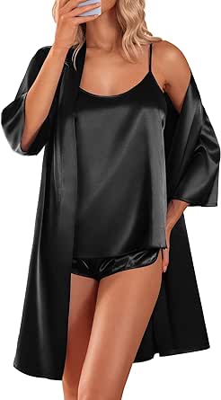 Ekouaer Womens Satin Pajamas with Silk Robe 3 Piece Sexy Pj Sleepwear Cami Tank and Shorts Set S-XXL