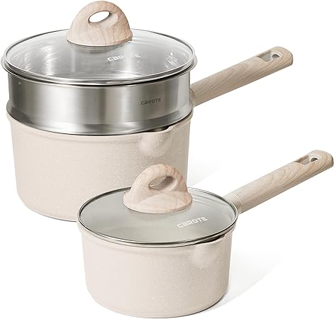 CAROTE 1.5Qt & 2.5Qt Sauce Pan Set with Lid and Steamer Basket, 5 Pcs Non Stick Sauce Pans, Easy to Clean, Pots Set with Steamer, Cooking Pots with Pour Spout, Kitchen Pots Induction Pots, Beige