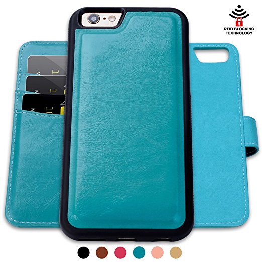 SHANSHUI PU Leather RFID Blocking Flip Magnetic Detachable Folio Card Slot Kickstand Case for Apple iPhone 6/6s - Blue-4.7