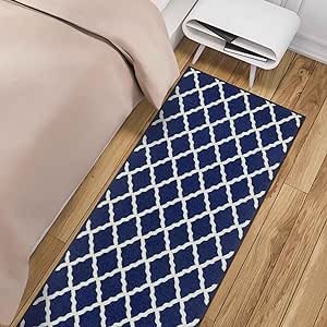 Machine Washable Moroccan Trellis Design Non-Slip Rubberback 2x6 Traditional Indoor Runner Rug for Hallway, Kitchen, Bedroom, 2'2" x 6', Navy