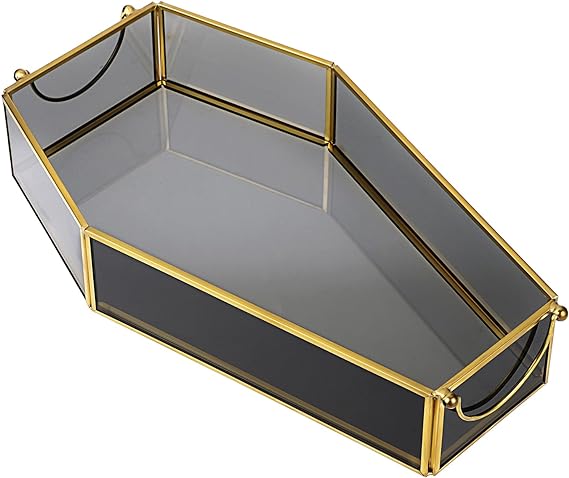 Hipiwe Black Glass Tray with Handle Vintage Vanity Tray Perfume Tray Bathroom Organizer Tray Decorative Coffee Table Tray Jewelry Display Tray Spooky Gothic Coffin Shape Serving Tray