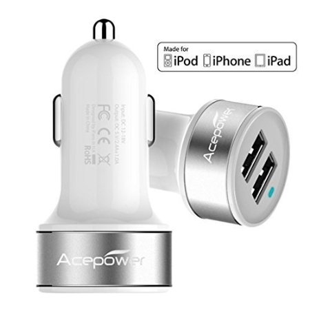 [Certified by Apple - Lifetime Warranty] ACEPower® Dual USB Ports 3.4A Portable USB Car Charger for iPhone 5 5S 5C 4 4S,iPad 4 3 2,iPad mini,iPad air Battery Power Supply for All Apple Device, Galaxy, Cell Phones, Tablet, Android Devices, Portable Cigarette Lighter Plug, Mobile Travel Charging Station 12V Input (Lightning Cable/Adapter Not Included)- Premium MFI Quality (White w. Silver Band)