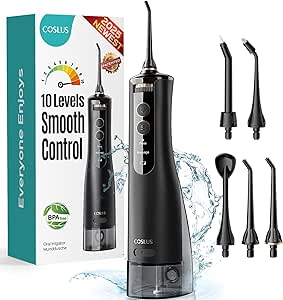 COSLUS Water Dental Flosser Tooth Pick: 10 Levels Smooth Control Portable Rechargeable Oral Irrigator Cordless Waterproof, 300ML Electric Flossing Cleaner Deep Cleaning for Travel Home (Model: WFP14)