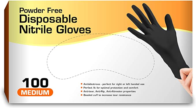 Nitrile Gloves, Disposable Gloves, Comfortable, Powder Free, Latex Free | 100 Pcs (Black, Medium)