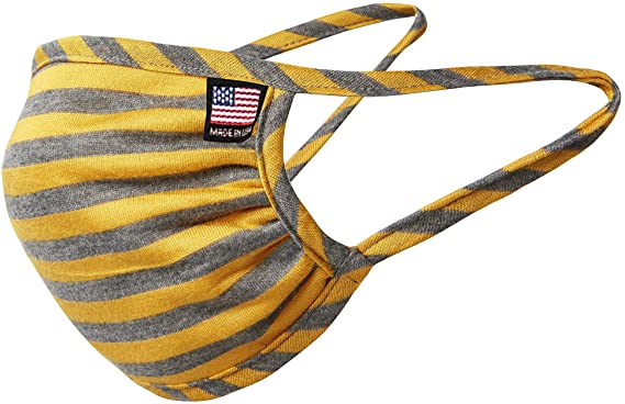Tart Collections Fabric Face Mask, Comfortable Non-Elastic Ear Loops, Washable and Reusable, Unisex, Made in USA Label, Golden Rod/Athletic Grey Stripe