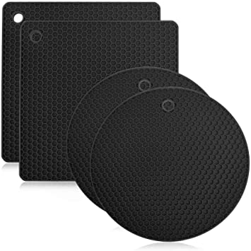 TIMESETL Silicone Pot Holders, 4pcs Honeycomb Silicone Trivet Mats, Multipurpose Kitchen Trivets Kitchen Hot Pads for Jar Opener, Spoon Rests, Hot Dishes, Oven Mitts(Black)