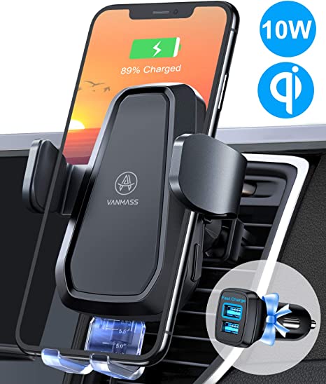 VANMASS 10W Fast Wireless Car Charger Mount, Auto Clamping, Qi Thermostasis Charging, QC 3.0 Car Charger Supplied, Ideal for iPhone 11/11 Pro/XR/XS/X/8, Samsung S20/Note 10/S10/S9/S8/S7【Black】