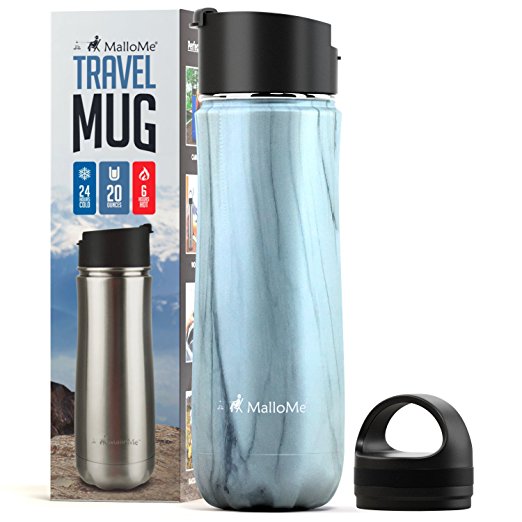 MalloMe Stainless Steel Coffee Travel Mug – 20 oz Vacuum Insulated Water Bottle Thermos Flask Cup Combo – Triple Walled Tumbler, 7 Colors, Two BPA Free Leak Proof Lids Included